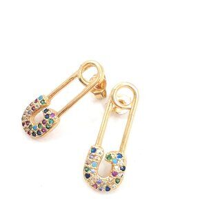 NWT - SEWING PIN Stud Earrings - Multicolor Zirconia- Safety Pin Zircon Earring